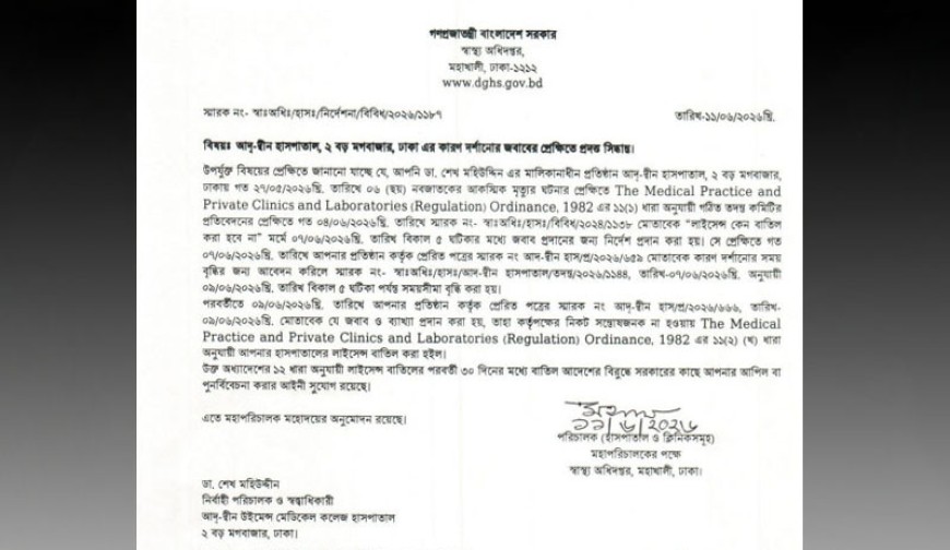 আদ-দ্বীন হাসপাতালের লাইসেন্স বাতিল করেছে সরকার